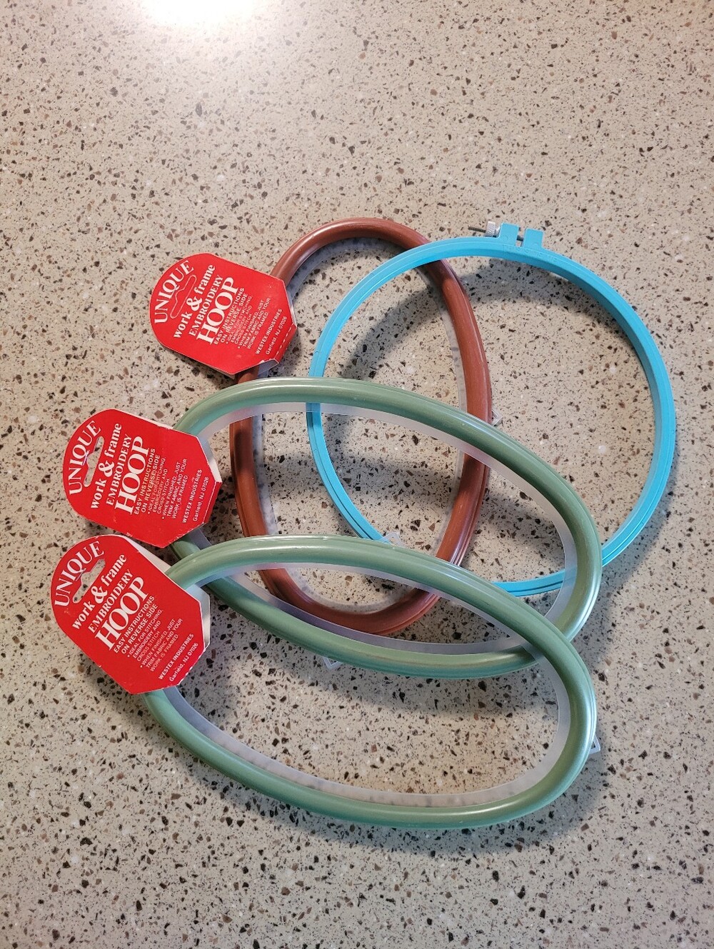 4 Vintage Plastic Work & Frame Embroidery Hoops Brown Green Blue Westex Industry